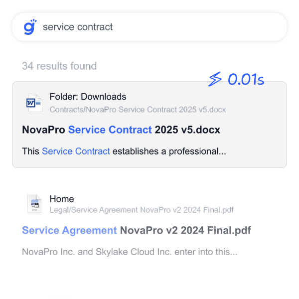 Gety search for service contract showing millisecond-fast results
