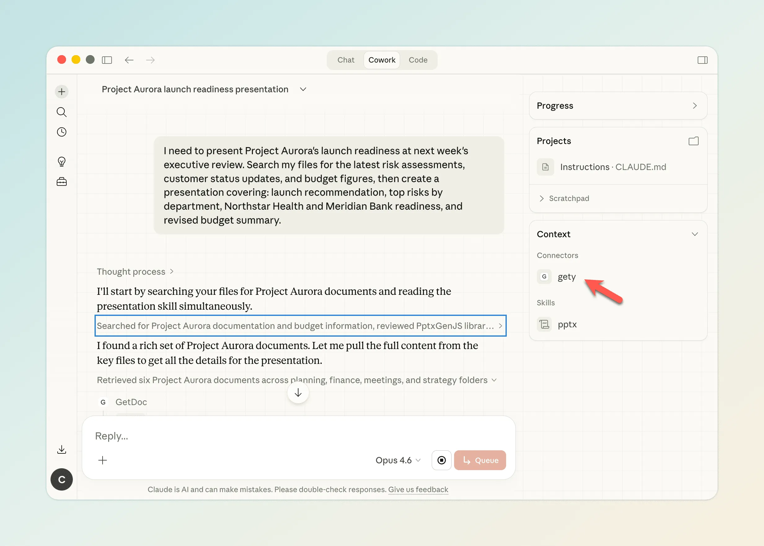 Claude Cowork Context panel showing gety as a connected connector and pptx as an available skill