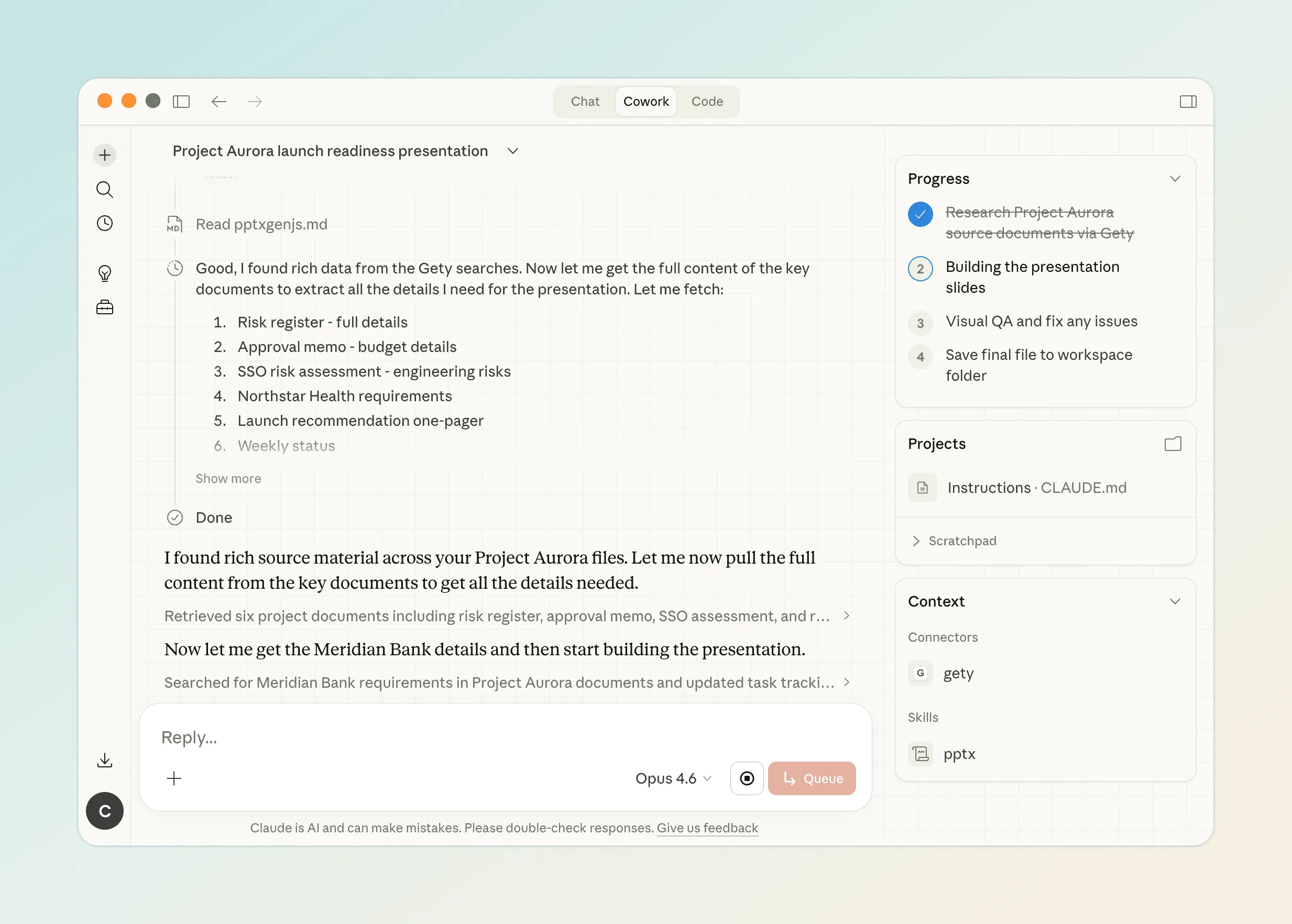 Claude Cowork executing the task, showing Gety search results and a progress panel with four steps: Research, Build slides, Visual QA, Save