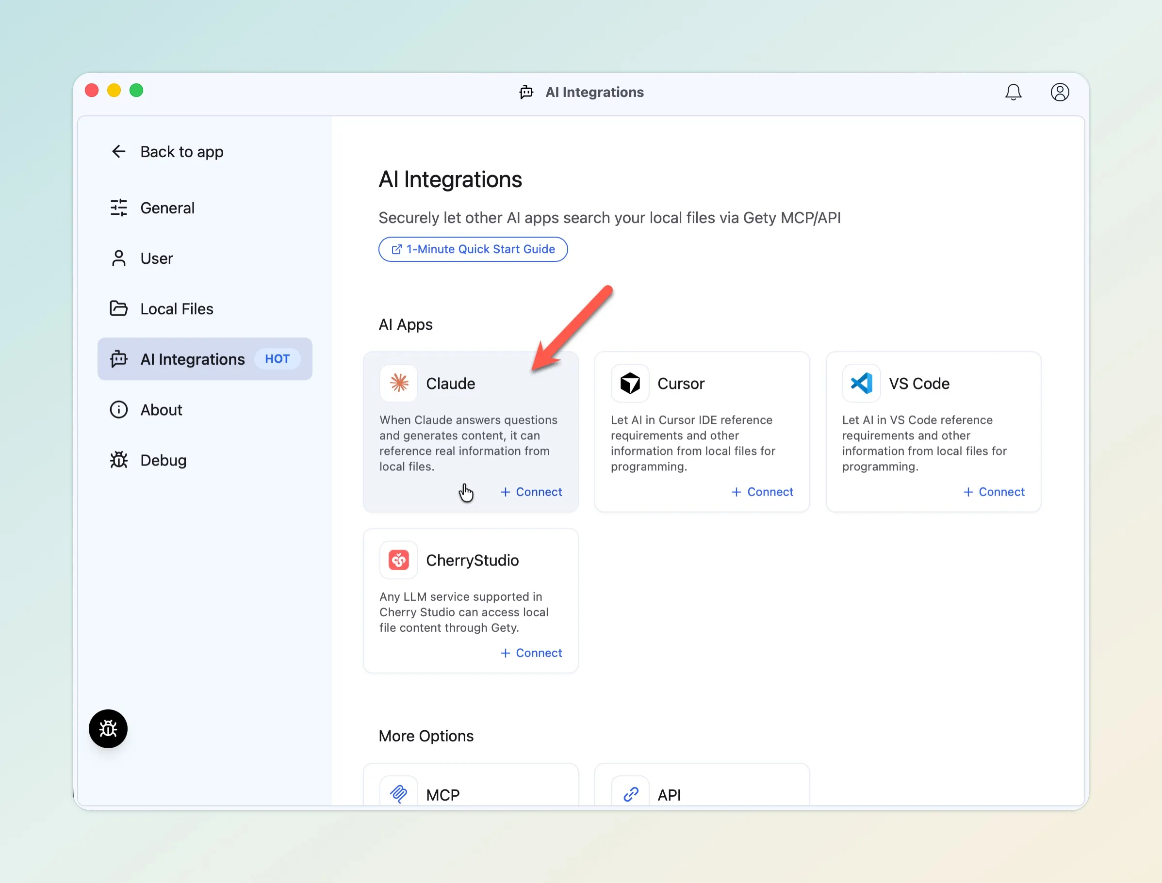 Gety AI Integrations page showing Claude, Cursor, VS Code, and CherryStudio under AI Apps, with an arrow pointing to the Claude Connect button