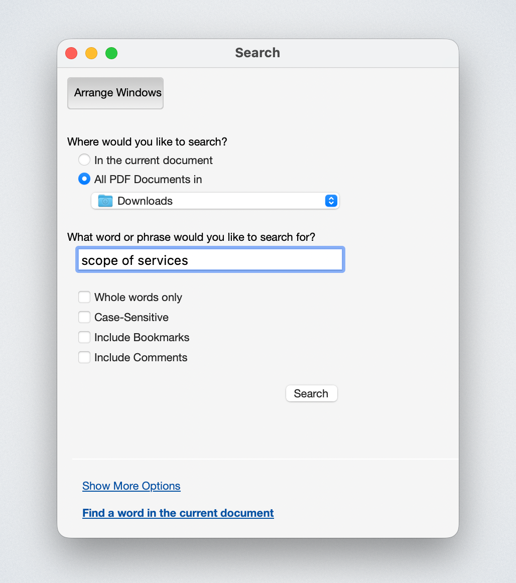 Adobe Acrobat Advanced Search dialog searching "scope of services" across all PDF documents in a folder