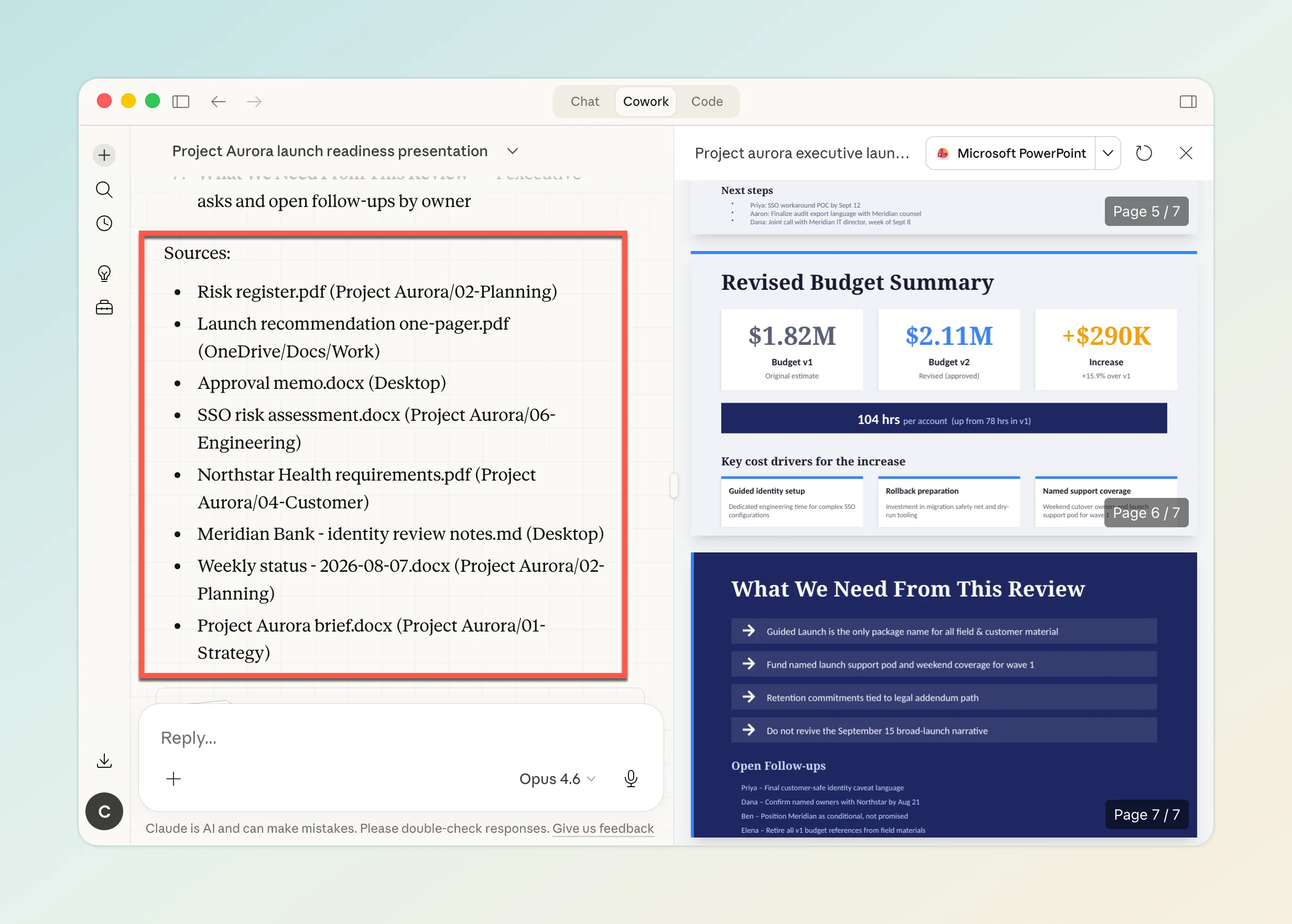Claude Cowork showing a finished presentation with source files listed on the left (8 documents from Desktop, OneDrive, and project folders) and PowerPoint slides on the right