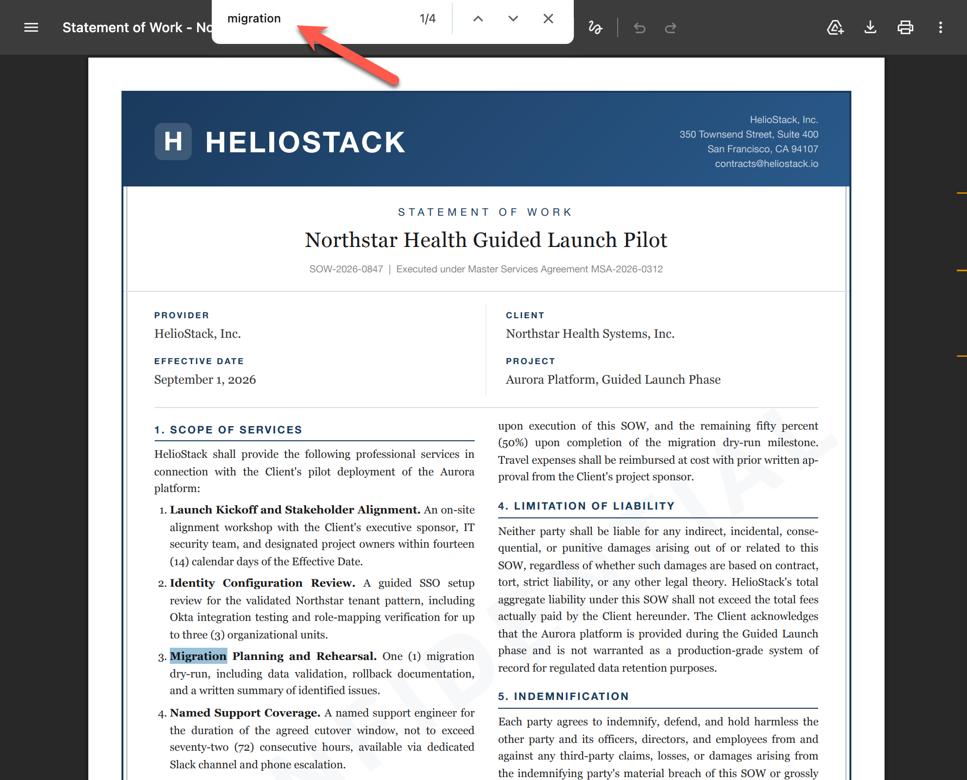 Ctrl+F search bar in a PDF viewer showing "migration" with 1 of 4 matches highlighted in the document