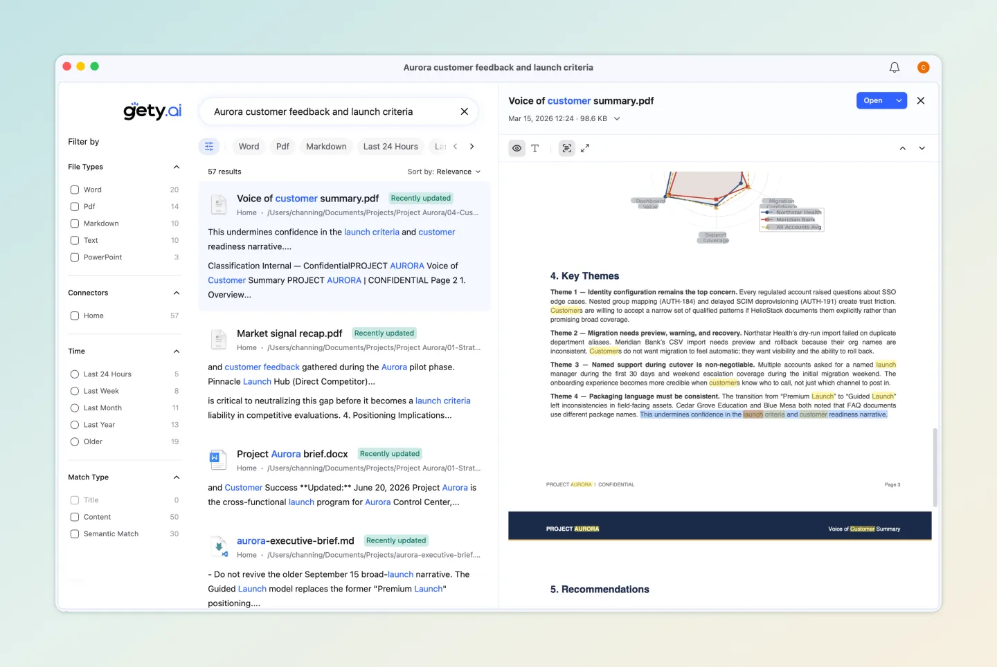 Gety search interface showing 57 results across Word, PDF, Markdown, and PowerPoint files, with file type filters on the left and a document preview pane on the right
