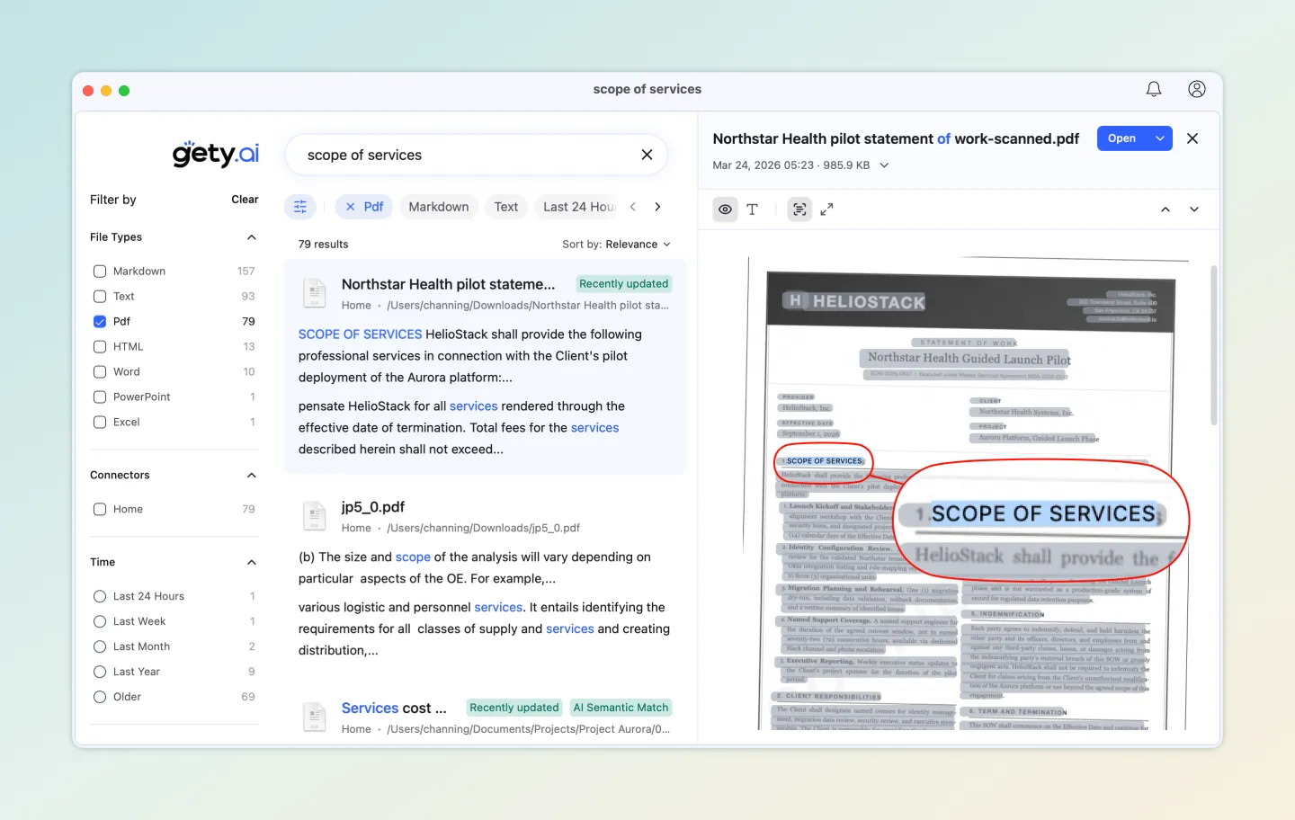 Gety searching "scope of services" in a scanned PDF contract, with OCR results highlighted and the original scanned page previewed on the right