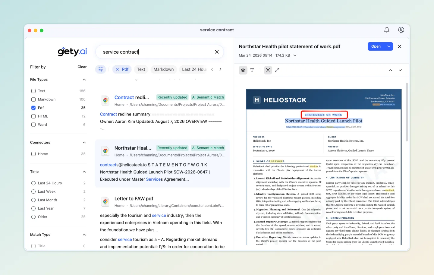 Gety semantic search for "service contract" matching a PDF titled "Northstar Health pilot statement of work" with an AI Semantic Match tag