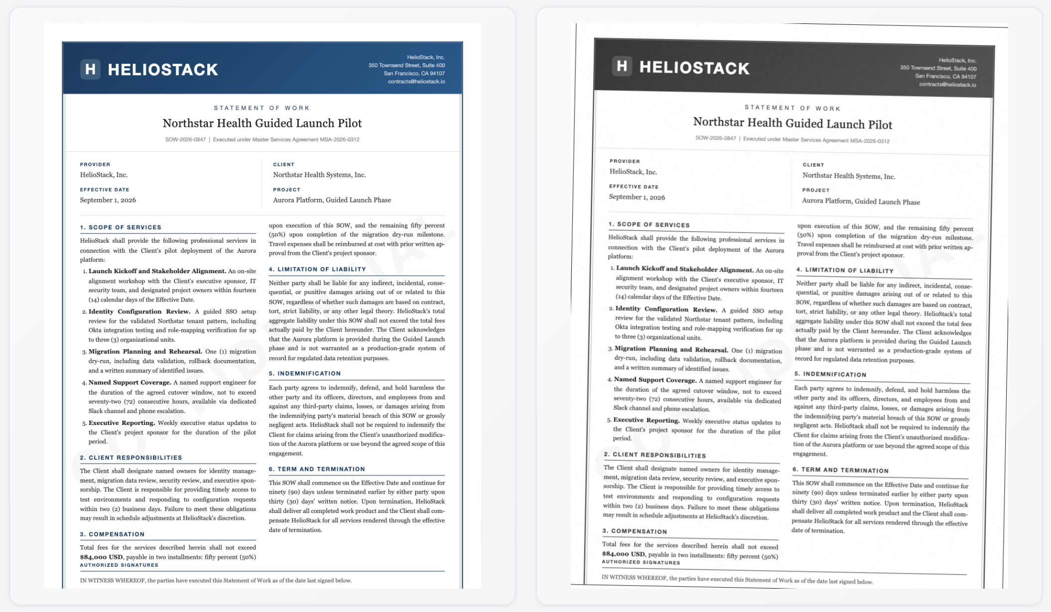 A text PDF (left) and a scanned PDF (right) side by side. Both show the same contract, but the scanned version is a flat image with no selectable text layer.