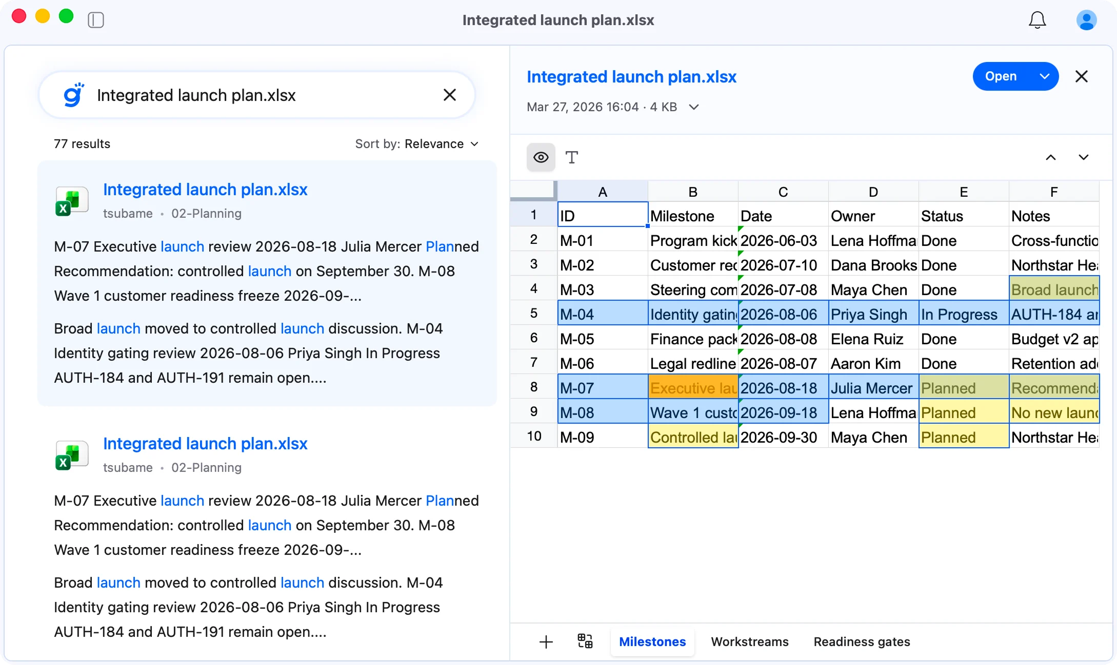 Spreadsheet preview in Gety