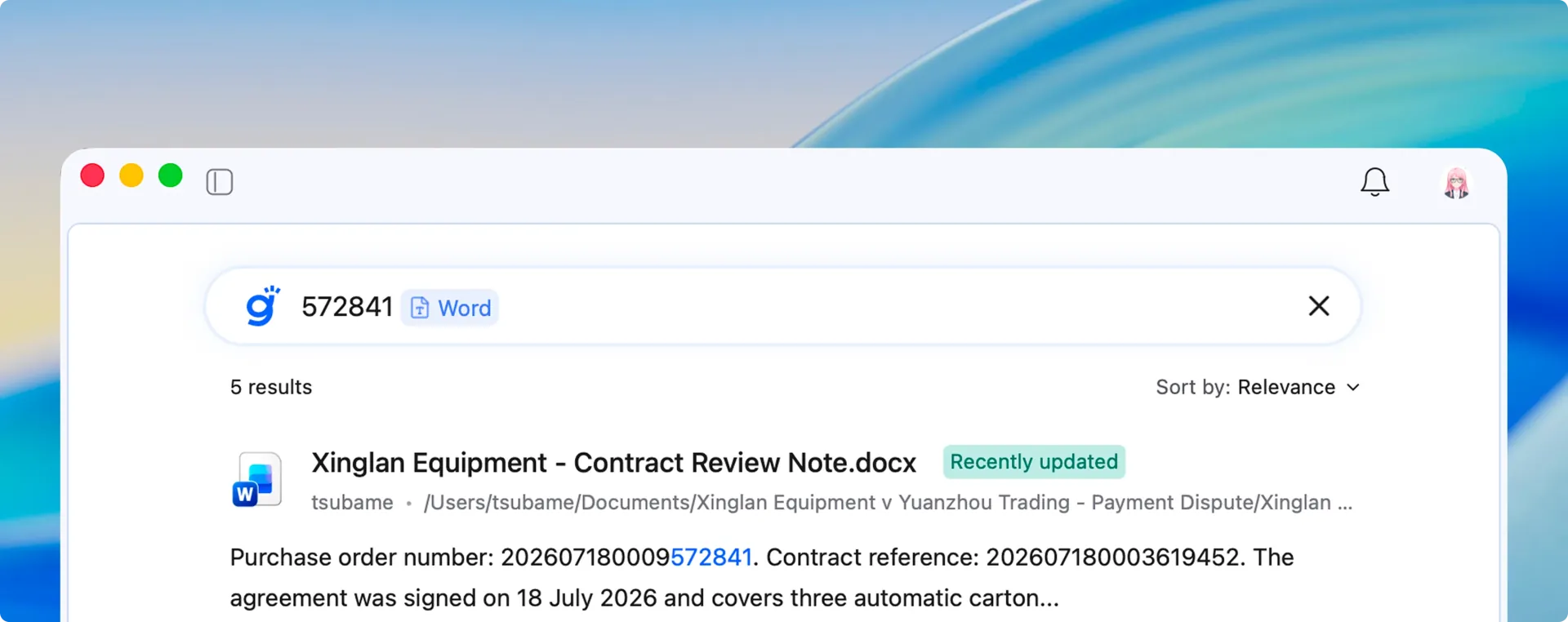 Find a document by the last digits of a purchase order number